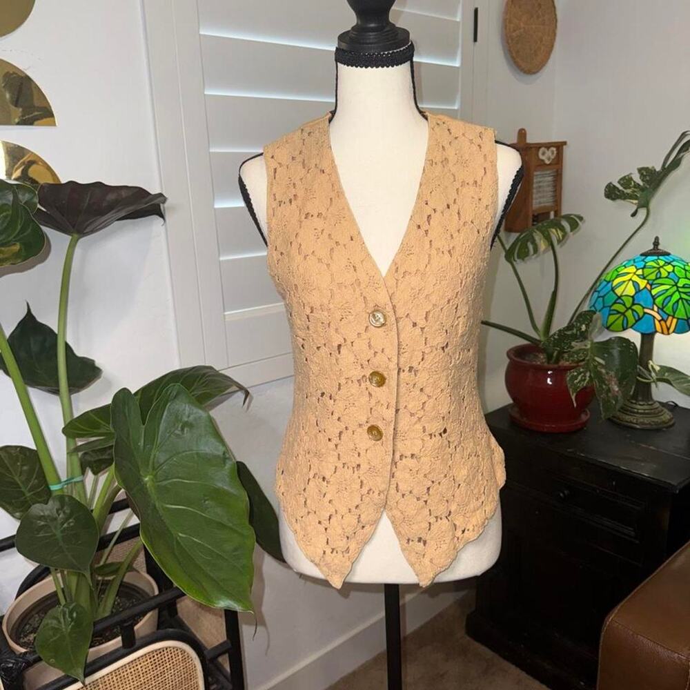 Vintage 90s Express Lace Crochet Vest Tan Button Front Boho Western Cottagecore